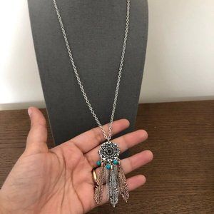 Tribal feather long dream catcher necklace